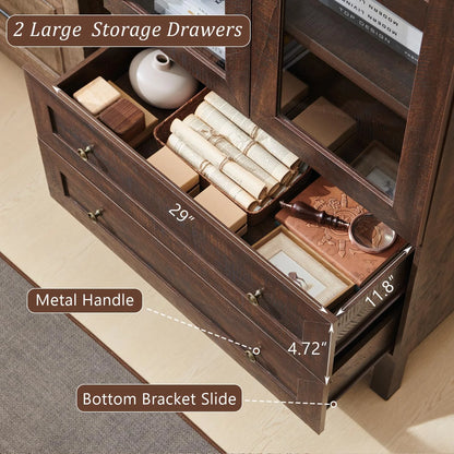 IFGET 71-Inch Arched 4-Tier Bookcase with Glass Doors and Drawers