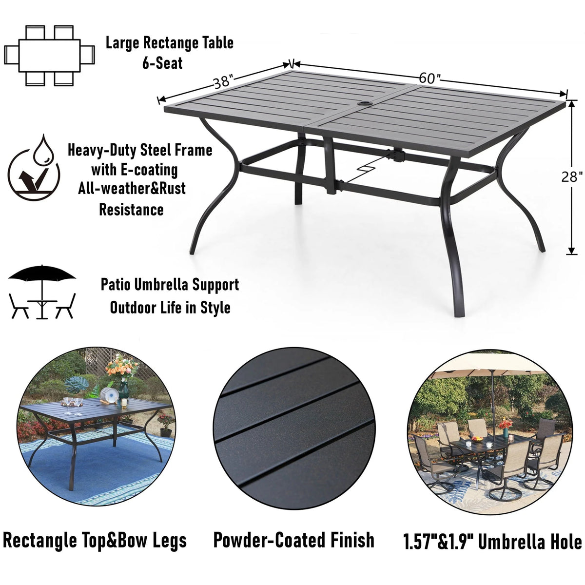 MF Studio 60" x 38" Rectangle Outdoor Dining Table with Umbrella Hole, Suitable for 6-Person, Black