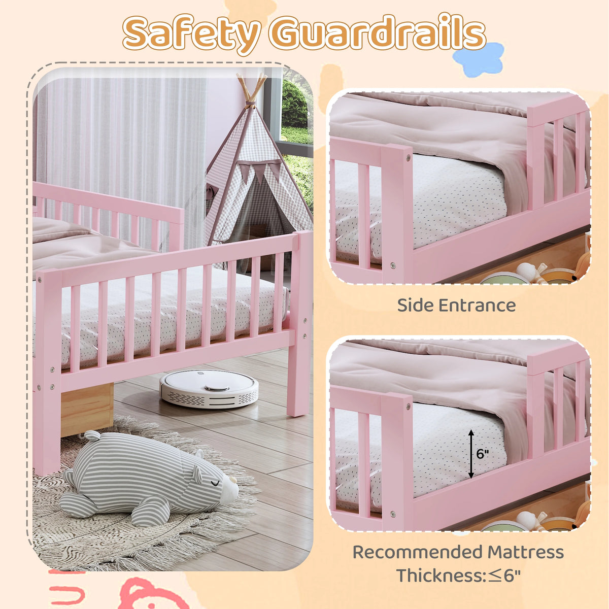Euroco Wood Twin Size Platform Bed with Storage Headboard and Drawers, Low Profile Bed with Guardrails for Kids and Toddlers, White