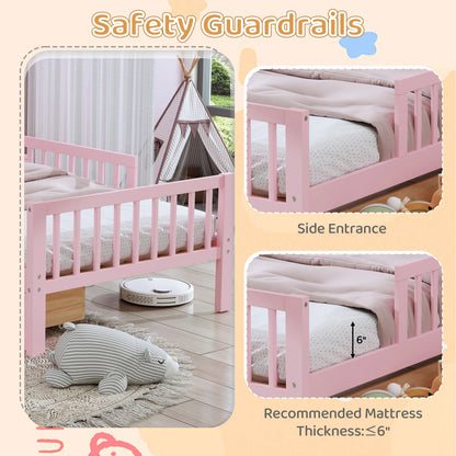 Euroco Wood Twin Size Platform Bed with Storage Headboard and Drawers, Low Profile Bed with Guardrails for Kids and Toddlers, White