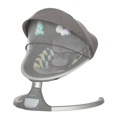 Dream On Me Zazu Baby Swing. Baby Swing for Infant. 5 - Swinging Speed. Two Attached Toys. Bluetooth Enabled and Remote Control. Grey and Blue