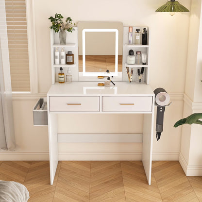 Montary Modern Mini Vanity w/Adjustable LED Mirror + Hidden Storage, Padded Stool & Dustproof Shelves (White)