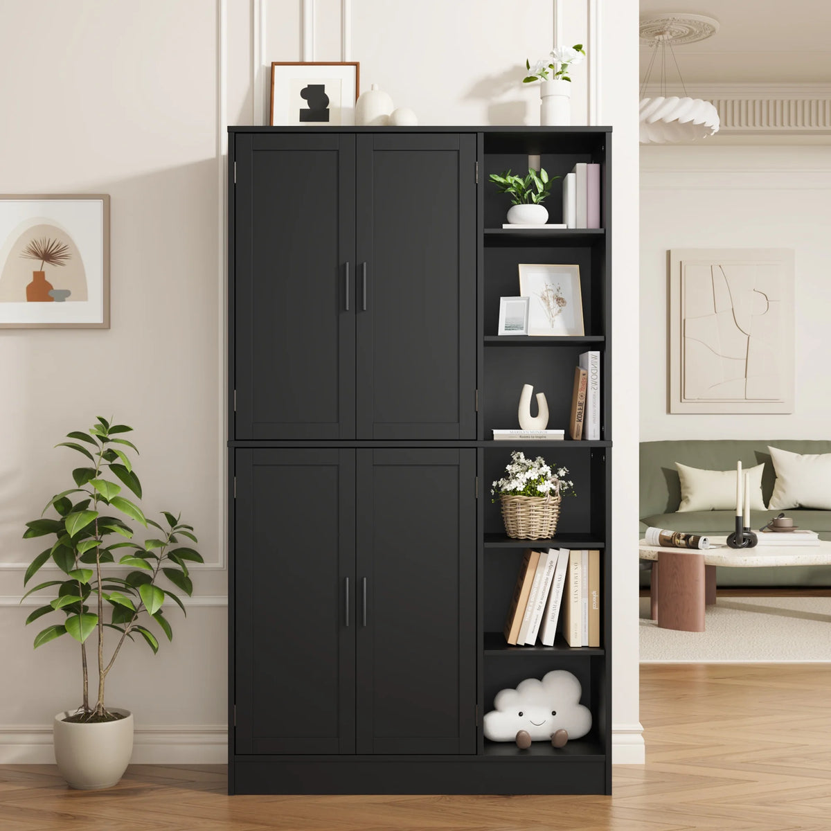 63" Tall Kitchen Pantry, Kitchen Pantry Cabinet with 4 Doors and Adjustable Shelves, Storage Cabinet for Dining Room, Laundry Room, Oak