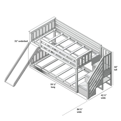 Max & Lily Wood Twin over Twin Bunk Bed for Kids with Wooden Staircase and Slide, White