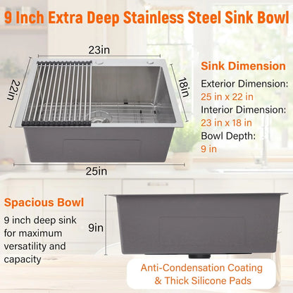 Garvee 33 x 22 Drop In Kitchen Sink, 16 Gauge Stainless Steel Topmount Deep Single Bowl Sink with Grid and Drain Strainer Set, Household Dishwasher Sinks for Workstation, RV, Prep Kitchen, Bar Sink