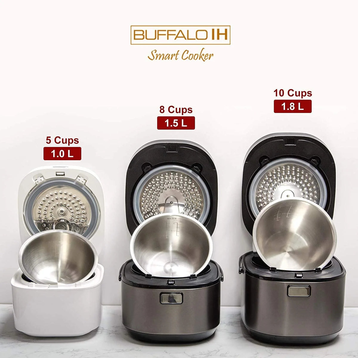 Buffalo White IH SMART COOKER, Rice Cooker and Warmer, 1 L, 5 cups of rice, Non-Coating inner pot, Efficient, Multiple function, Induction Heating (5 cups)