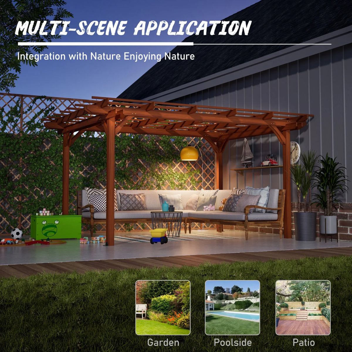12 x 10 FT Outdoor Pergola, Wooden Pergola Gazebo with Climbing Plant Support and Waterproof, for Patio Porch Garden Backyard, Brown