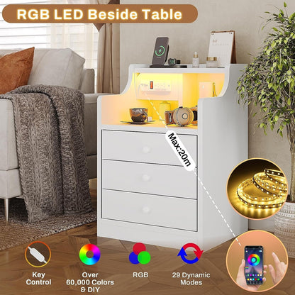 Nightstand with 3 Drawers and Shelves,Night Stand with LED Lights and USB Port Charging Station,LED Bedside Table with Hutch,Black