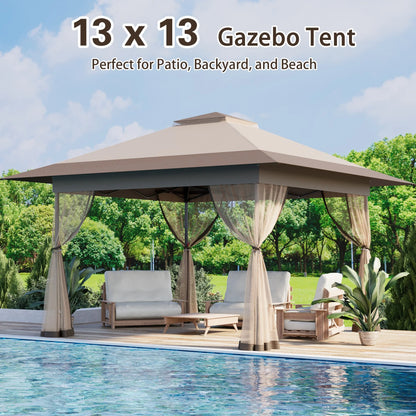 Bezseller 11x11 Pop up Gazebo, Outdoor Waterproof Canopy Tent with Mosquito Netting for Outdoors, Khaki