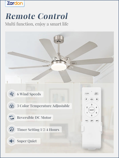 Zardon 62" Black Modern Ceiling Fan with Light and Remote Control, Reversible Quiet DC Motor, Bright LED Light, 6-Speed, Timer for Bedroom, Living Room