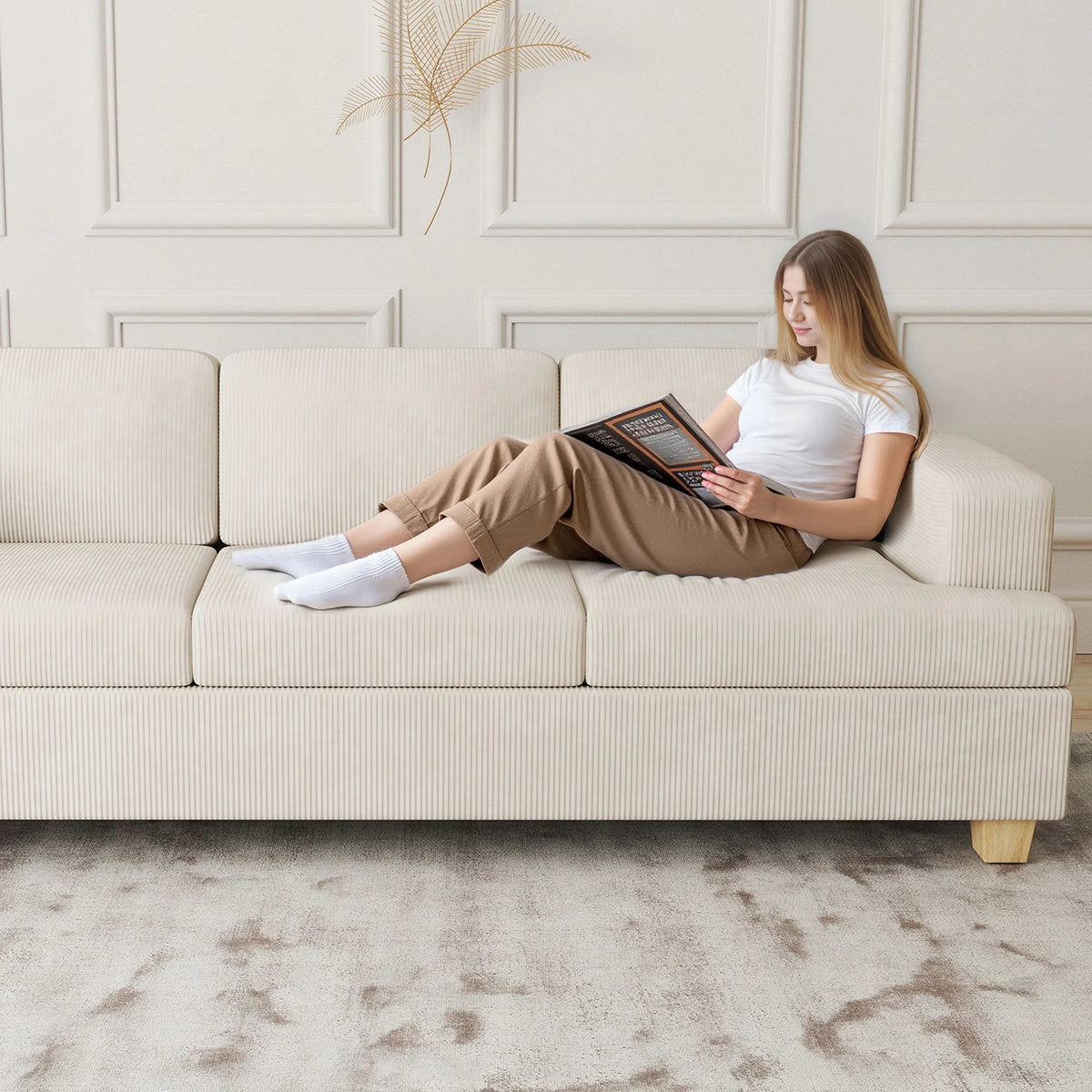 LUMIHO 89" Modern Corduroy Sofa,3 Seater Couches for Living Room, Bedroom,with Deep Seat,beige