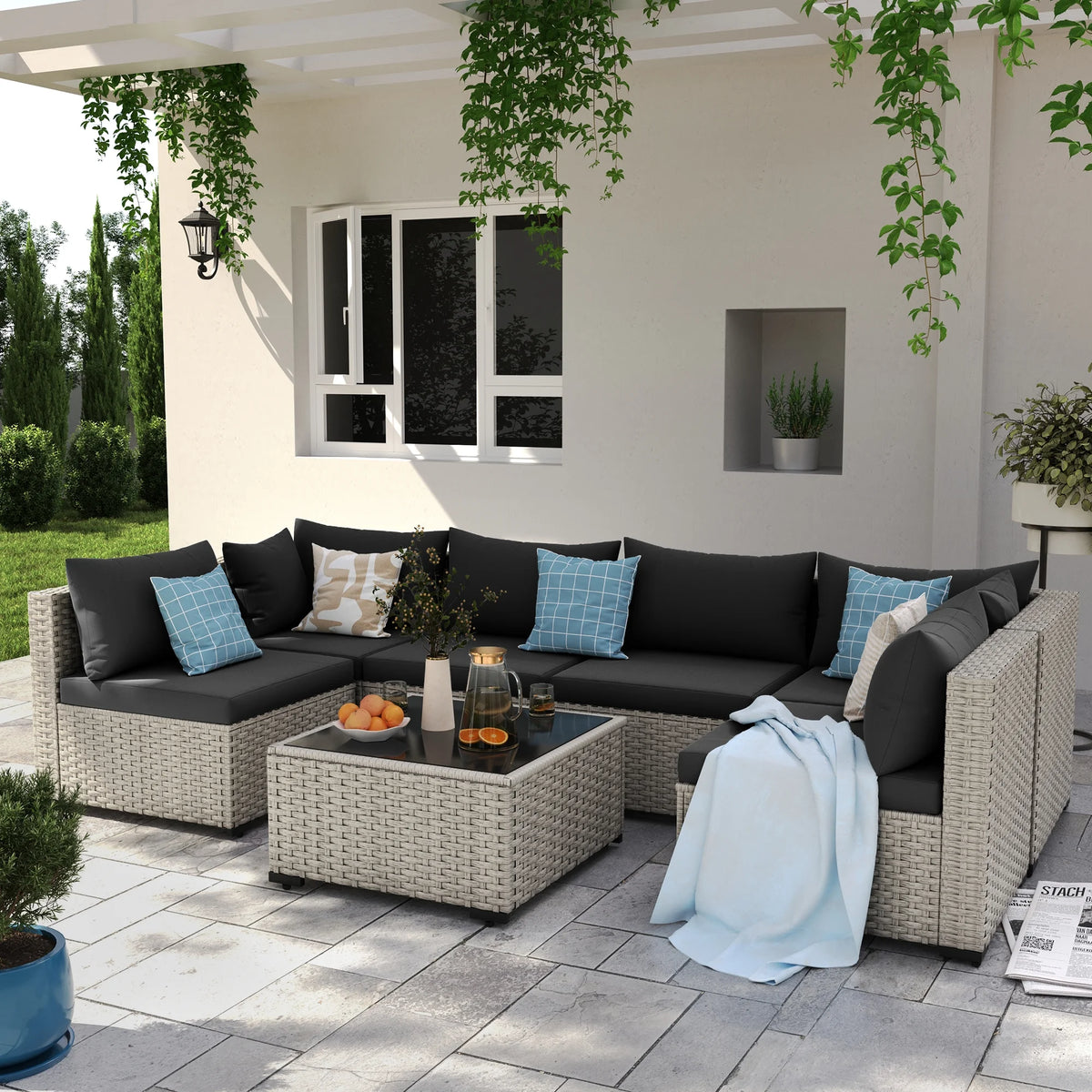 7 Pieces Patio Conversation Set, Outdoor Sectional PE Rattan Wicker Furniture Seat,Dark Gray