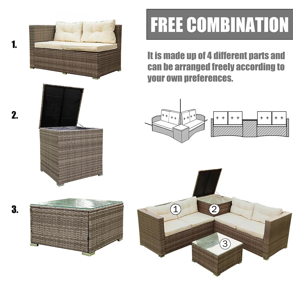SEGMART 4 Piece Patio Furniture Set, All-Weather Outdoor Sectional Sofa Set, PE Rattan Conversation Set with Storage Box, Table & Cushions, Wicker Furniture Couch Set for Patio Deck Garden