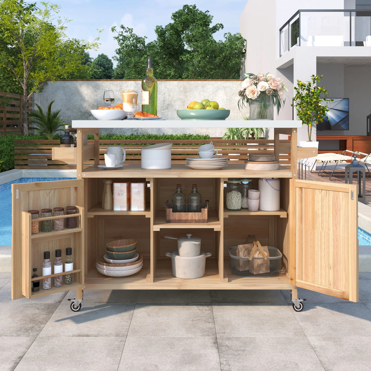 Bellemave Outdoor Serving Cart Kitchen Island Solid Wood Mobile Rolling Bar Cart with Lockable Wheels, Rack and Stainless Steel Top Beverage Storage Counter Table with Cabinet for Patio, Natural