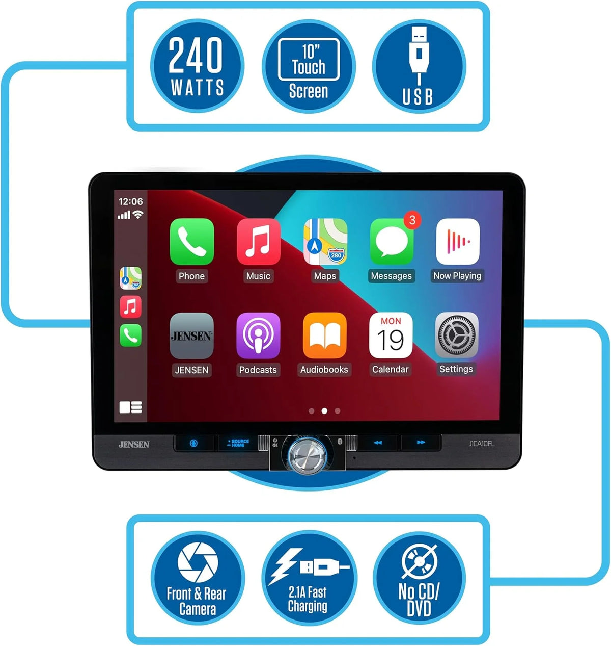 Jensen J1CA10FL-BUC 10.1-inch Certified Apple CarPlay Android Auto Wired or Wireless | Single DIN and Double DIN Touchscreen Car Stereo Radio | Bluetooth | USB Charge | Backup Camera Included