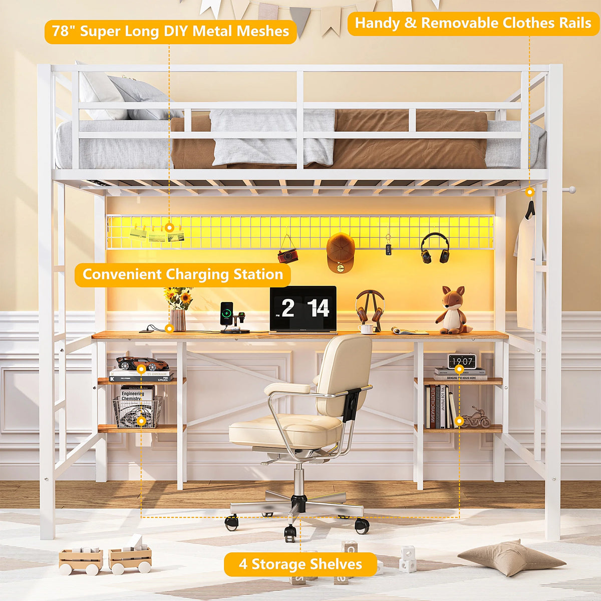 Twin Loft Bed with Desk, UHOMEPRO Metal Loft Bed with LED Lights, Charge Station, DIY Mesh, Clothes Rail, 4 Storage Shelves, Safety Rails and 2 Ladders, Loft Bed for Teen Adult, Black