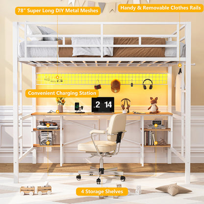 Twin Loft Bed with Desk, UHOMEPRO Metal Loft Bed with LED Lights, Charge Station, DIY Mesh, Clothes Rail, 4 Storage Shelves, Safety Rails and 2 Ladders, Loft Bed for Teen Adult, Black