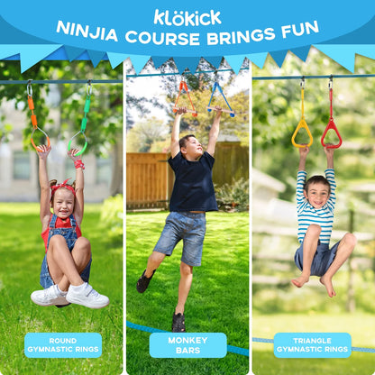 KloKick 50ft Ninja Warrior Obstacle Course with Slackline Monkey Bars and Saucer Swing