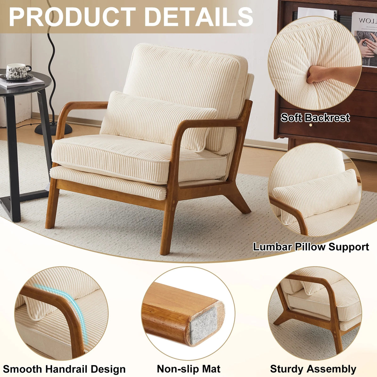Ktaxon Accent Chair Corduroy Upholstered Armchair, Reading Club Chair with Pillow and Solid Wood Frame for Living Room Bedroom Furniture Off White