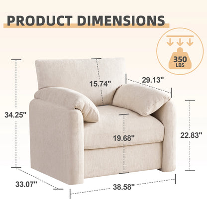 Chenille Oversized Armchair, 38.6" Wide Accent Chairs for Living Room & Bedroom Modern Lounge Chair, Upholstered Mid-Century Reading Chair, Comfy Living Room Chair, Single Sofa Chair, Beige