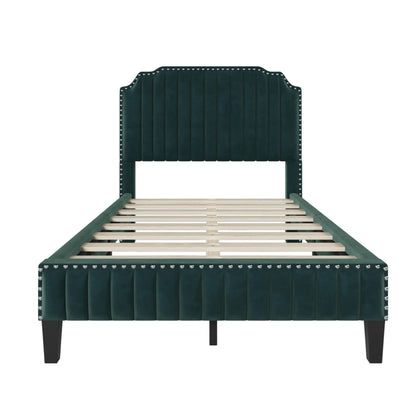 Green Upholstered Platform Bed, Full Size Bed Frame with Solid Wooden Slat Support and Curved Upholstered Wingback Headboard, Heavy Duty Full Bed Mattress Foundation, No Box Spring Required