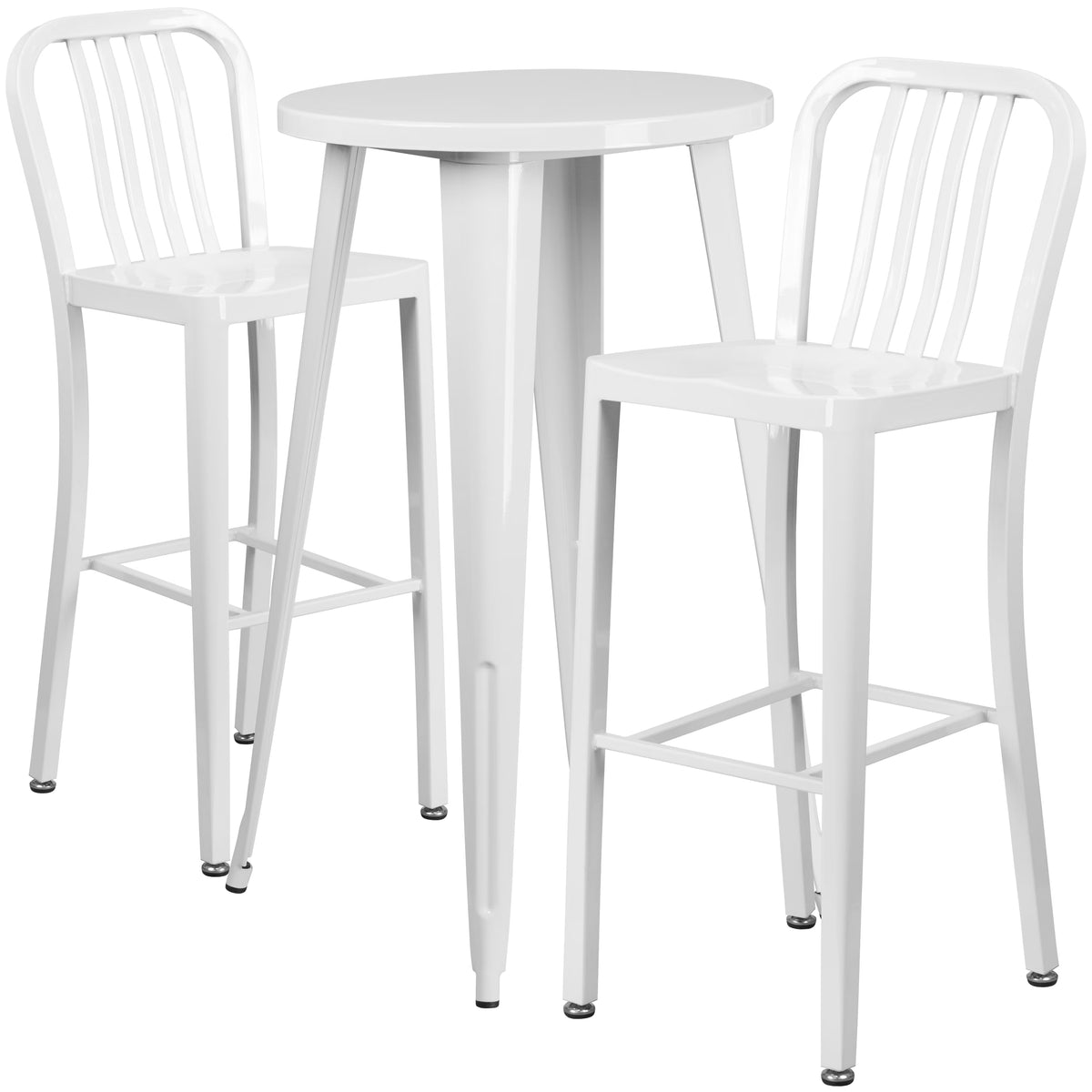 Flash Furniture Earl Commercial Grade 24" Round Silver Metal Indoor-Outdoor Bar Table Set with 2 Vertical Slat Back Stools