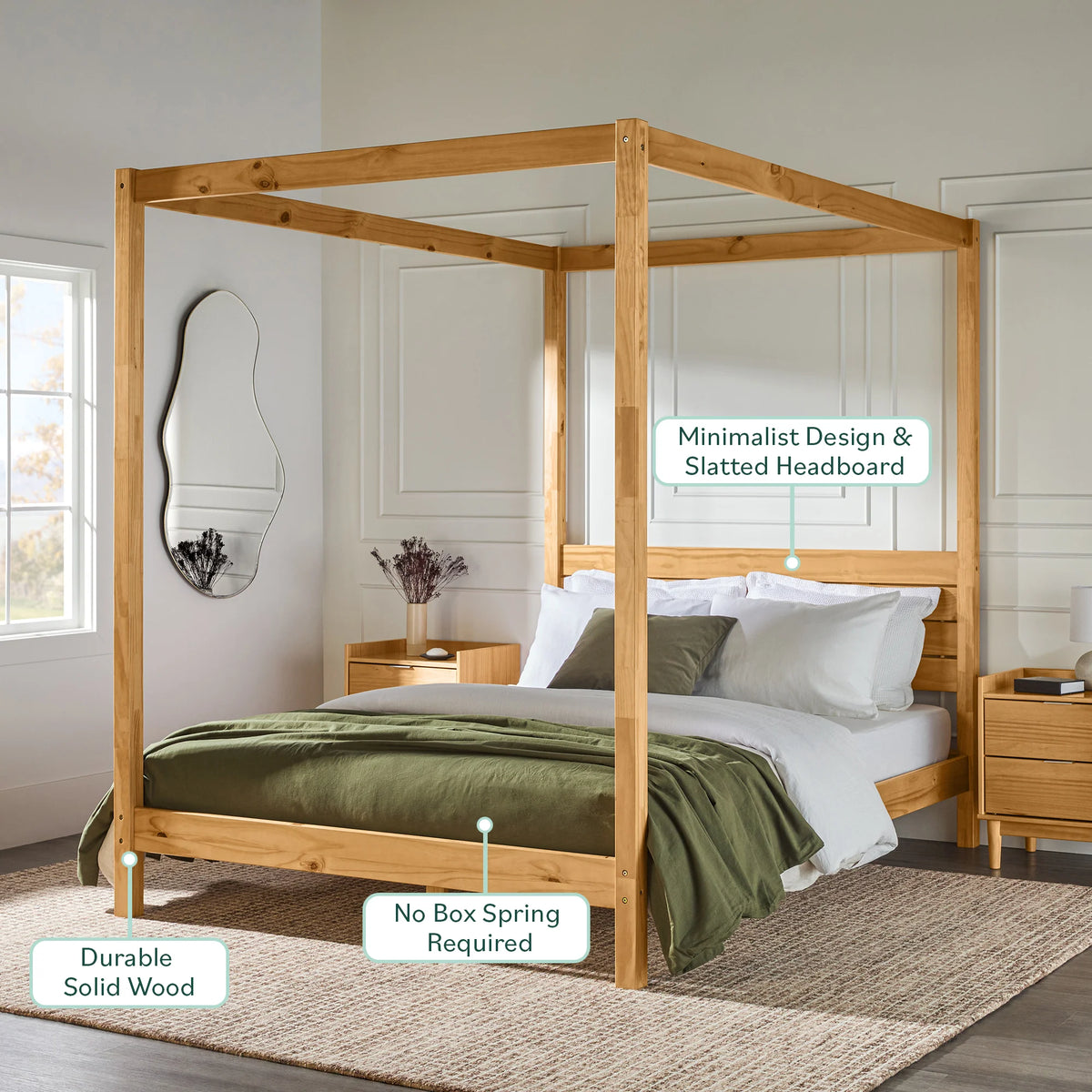 Walker Edison Minimalist Slatted Wood Queen Canopy Bedframe, Natural Pine