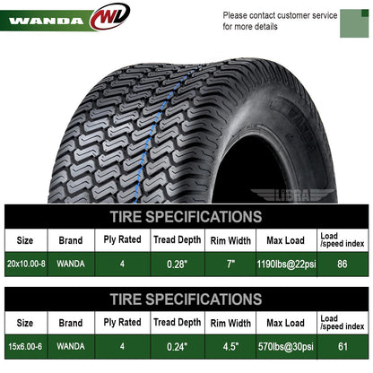 Set of 4 New Lawn Mower Turf Tires 15x6-6 Front & 20x10-8 Rear /4PR -13016-13040