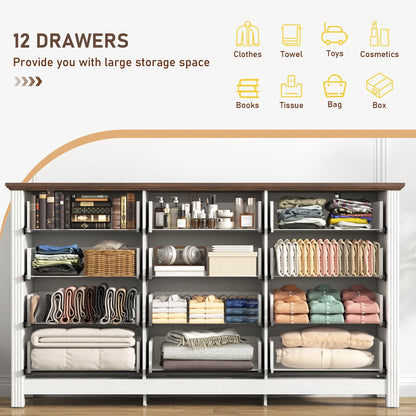 ChVans Farmhouse 12 Drawers Dresser for Bedroom, 63'' Wide Wood Rustic Chest of Drawers with Natural Texture, Vintage Design, Large Storage Dressers Organizer for Living Room, Hallway