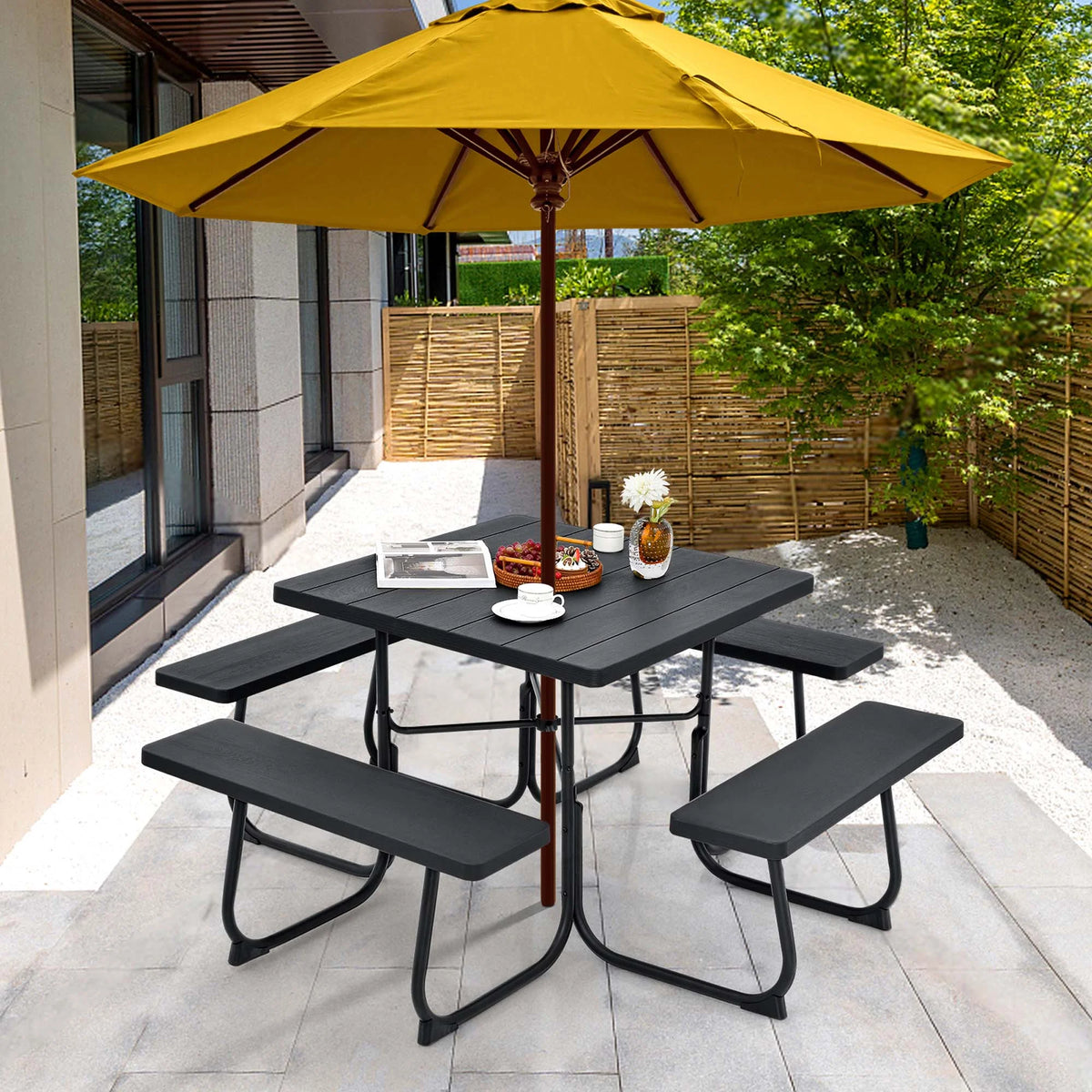 Costway Outdoor 8-person Square Picnic Table Bench Set with 4 Benches & Umbrella Hole White