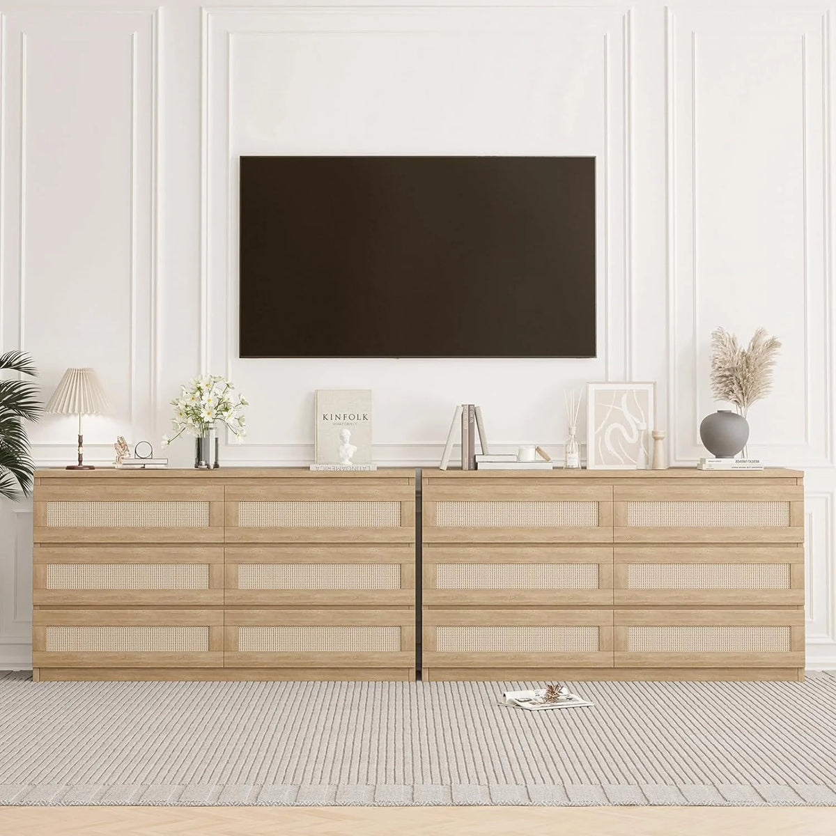 Jojoka 6-Drawers Rattan Dresser for Bedroom Chest of Drawers, TV Stand for 55" TV, Wood Top Storage Organizer Cabinet for Living Room, Entryway, Hallway, Natural