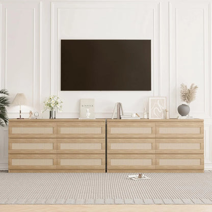 Jojoka 6-Drawers Rattan Dresser for Bedroom Chest of Drawers, TV Stand for 55" TV, Wood Top Storage Organizer Cabinet for Living Room, Entryway, Hallway, Natural