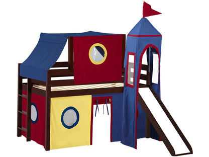 JACKPOT! Castle Low Loft Bed with Slide, Red Yellow and Blue Tent and Tower, Twin, Cherry