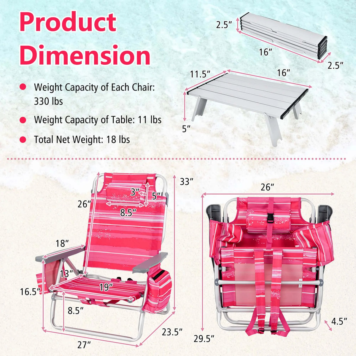 Costway 2-Pack Folding Backpack Beach Chair Table Set 5-Position Outdoor Reclining Chair Pink