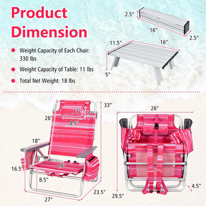 Costway 2-Pack Folding Backpack Beach Chair Table Set 5-Position Outdoor Reclining Chair Pink