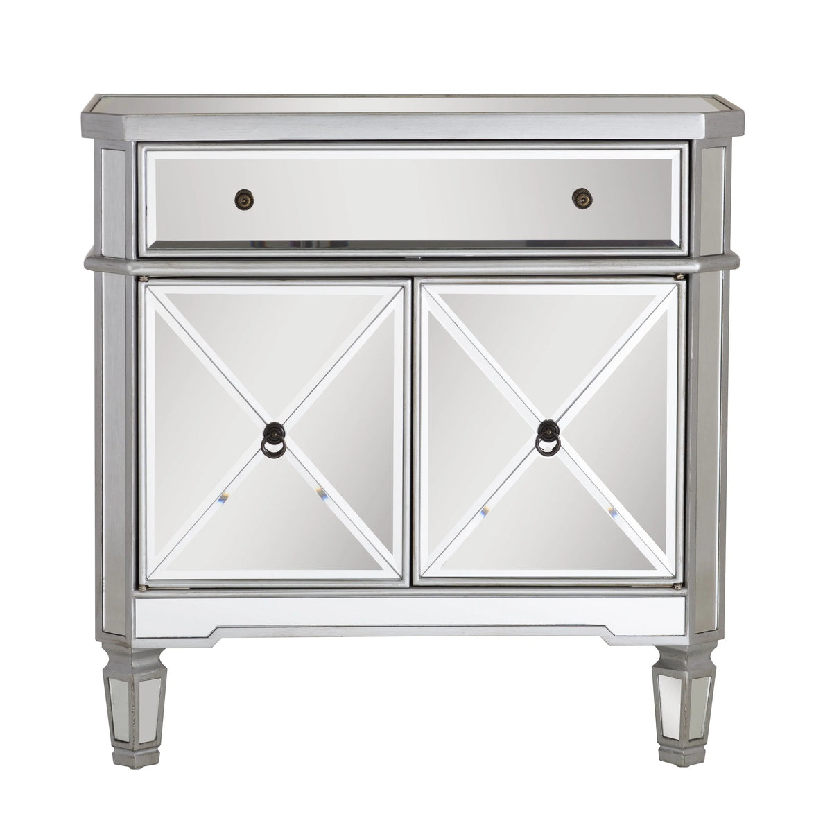Powell Deville 2-Door Single Drawer Indoor Console Table with Shelves, Mirrored Surfaces and Luxe Silver Wood