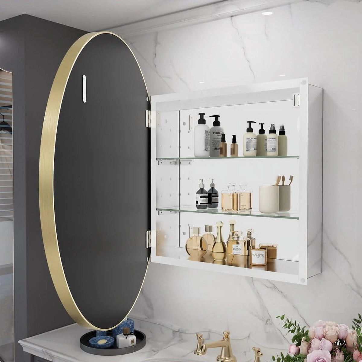 WallBeyond Bathroom Medicine Cabinet with Round Mirror Aluminum Framed 28", Gold