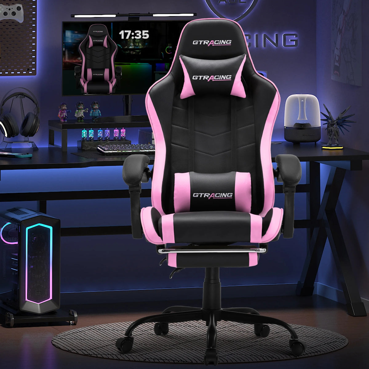 GTRACING GTWD-200 Ergonomic Gaming Chair with Adjustable Pillows and Footrest , White