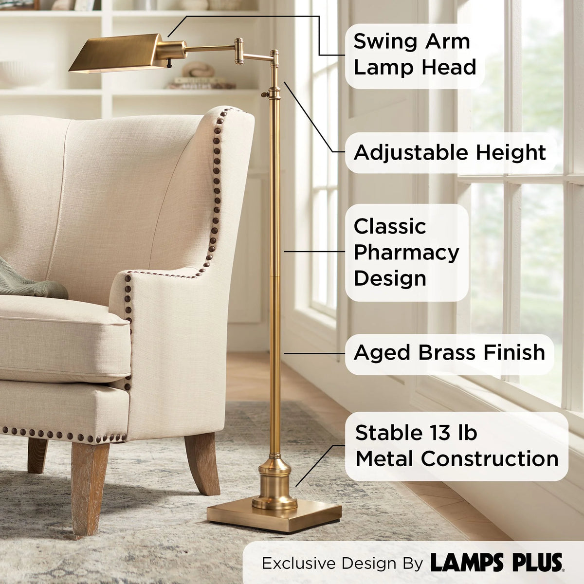 Regency Hill, Jenson Swing Floor Lamp, Brass
