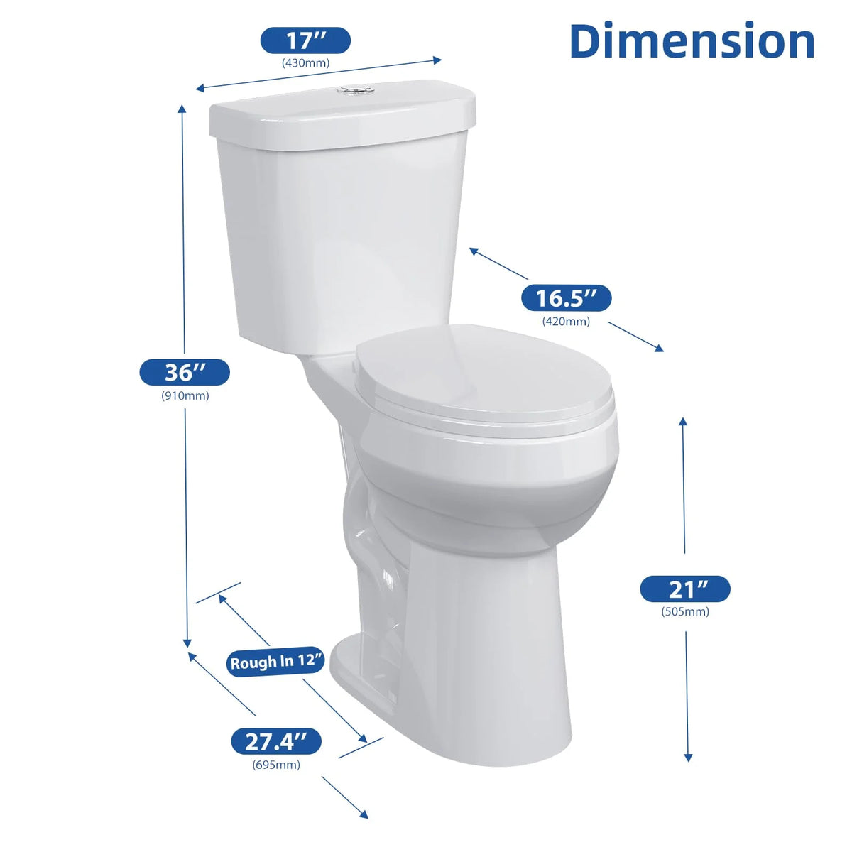 TROPOW Toilet, Two-Piece Toilet, ADA Toilet with Dual Flush, Elongated Toilets for Bathrooms with Soft Close Seat, Universal Height,White