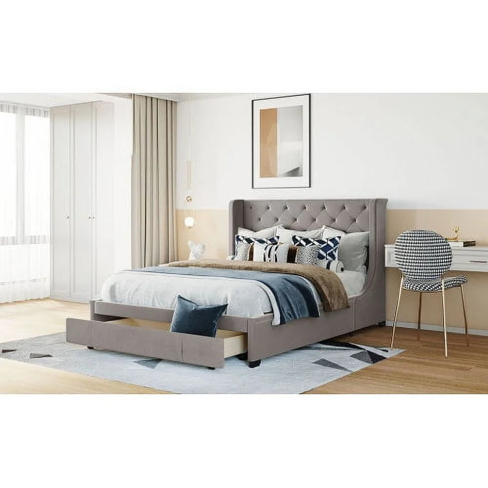 Queen Bed Frame with Storage Drawer, Velvet Upholstered Storage Bed, Wood Platform Bed Frame with Wingback Headboard and a Big Drawer(Beige)