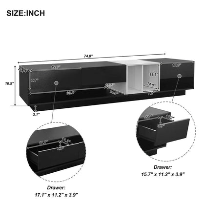 Modern TV Stand for 80 Inch TV, ON-TREND Sleek Two-Tone Media Console, Functional Storage Cabinet with Open & Hidden Compartments, Particle Board, Living Room Furniture, White