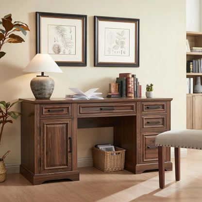 T4TREAM Farmhouse Wood 58" Executive Desk, Home Office 30" High Computer Desk with Drawers and Storage Cabinet, White