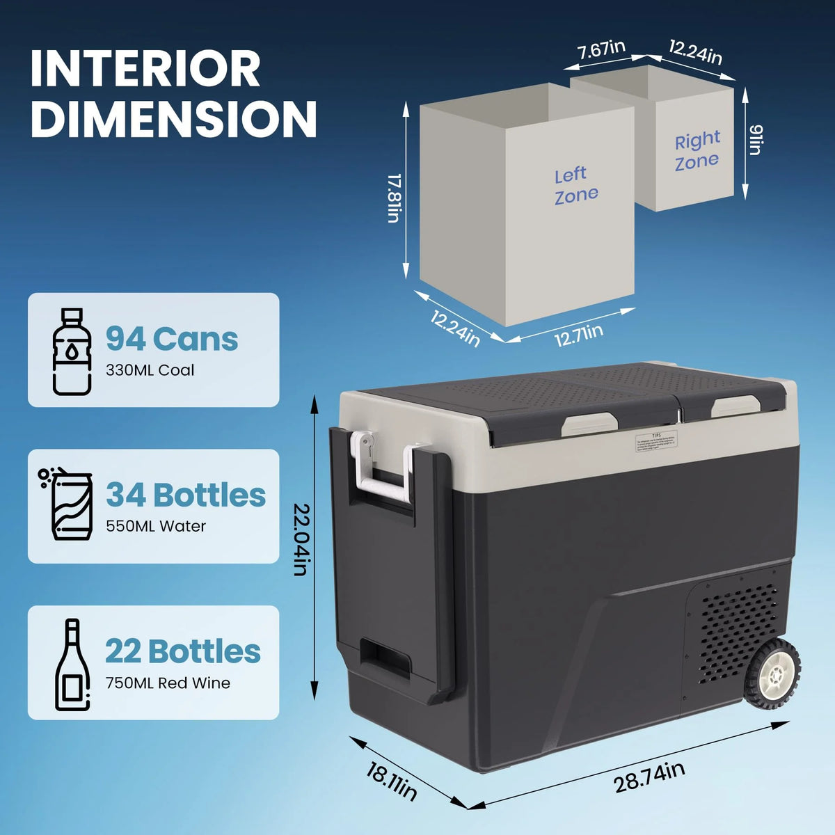 12 Volt Refrigerator, Electric Cooler, Portable Freezer, 12V Fridge -4℉~68℉, 12V Cooler with Wheels & 2 Baskets for Travel, Truck, Boat, Camping