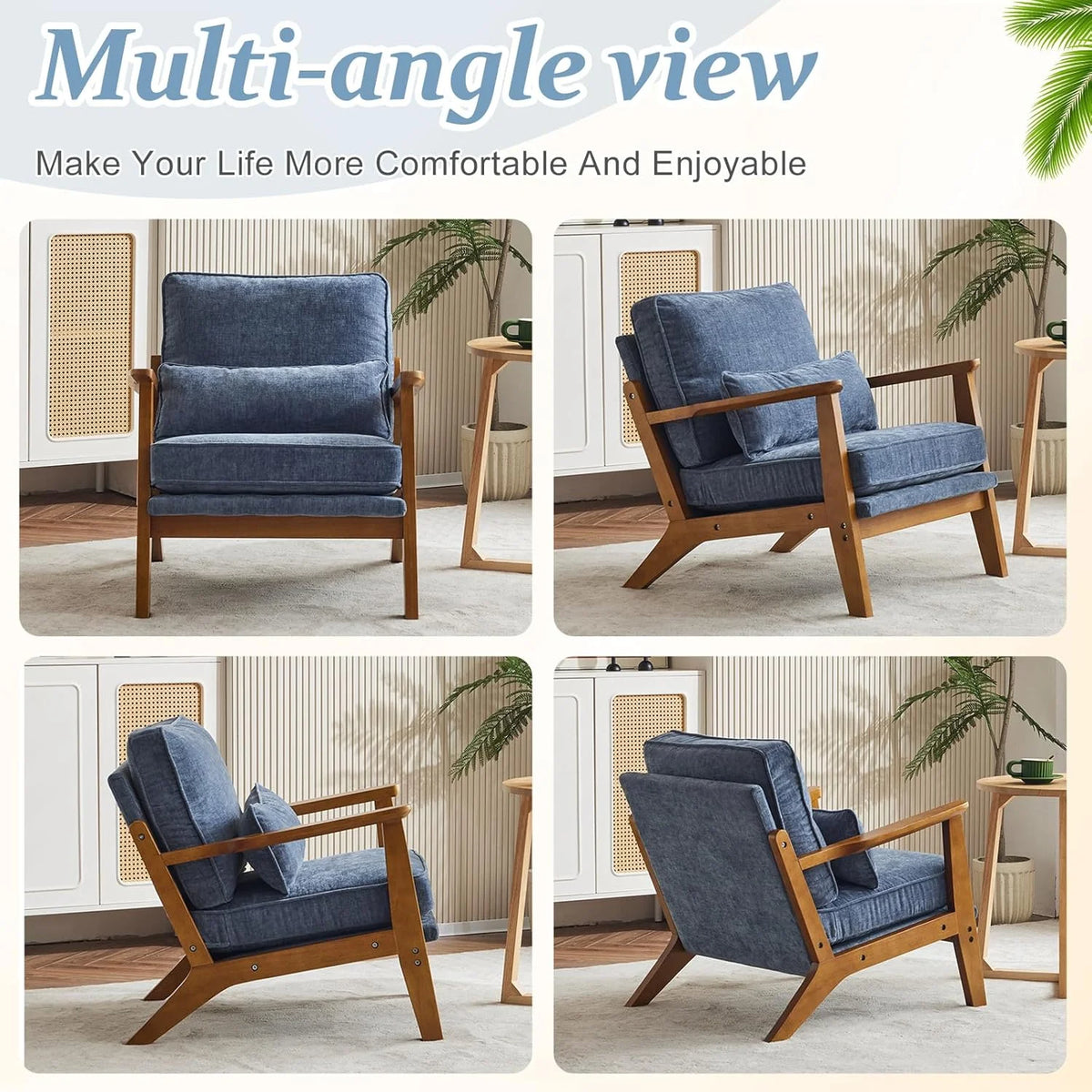 RWTFGV Solid Wood Wide Armrests Accent Chair,Upholstered Mid Century Modern Chair with Pillow,Comfy Reading Chair Farmhouse Arm Chair,Chairs Living Room,Bedroom,Guest Room,Linen Fabric,Beige