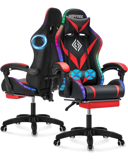Hoffree Gaming Chair with Speakers PU Leather Office Chair with Footrest and LED Lights Ergonomic Gamer Chair with Massage Lumbar Support and Headrest Adjustable Swivel for Home Office 300lb
