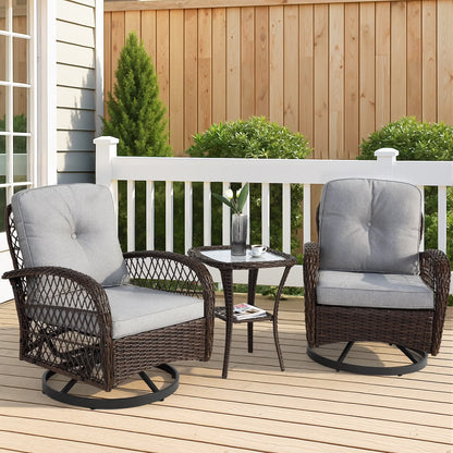 3 Piece Patio Swivel Rocker Chairs Set, 2 360-Degree Swivel Rocking Chairs with 1 Glass Top Table, PE Rattan Outdoor Bistro Set with Cushions for Balcony Deck Poolside Backyard Porch