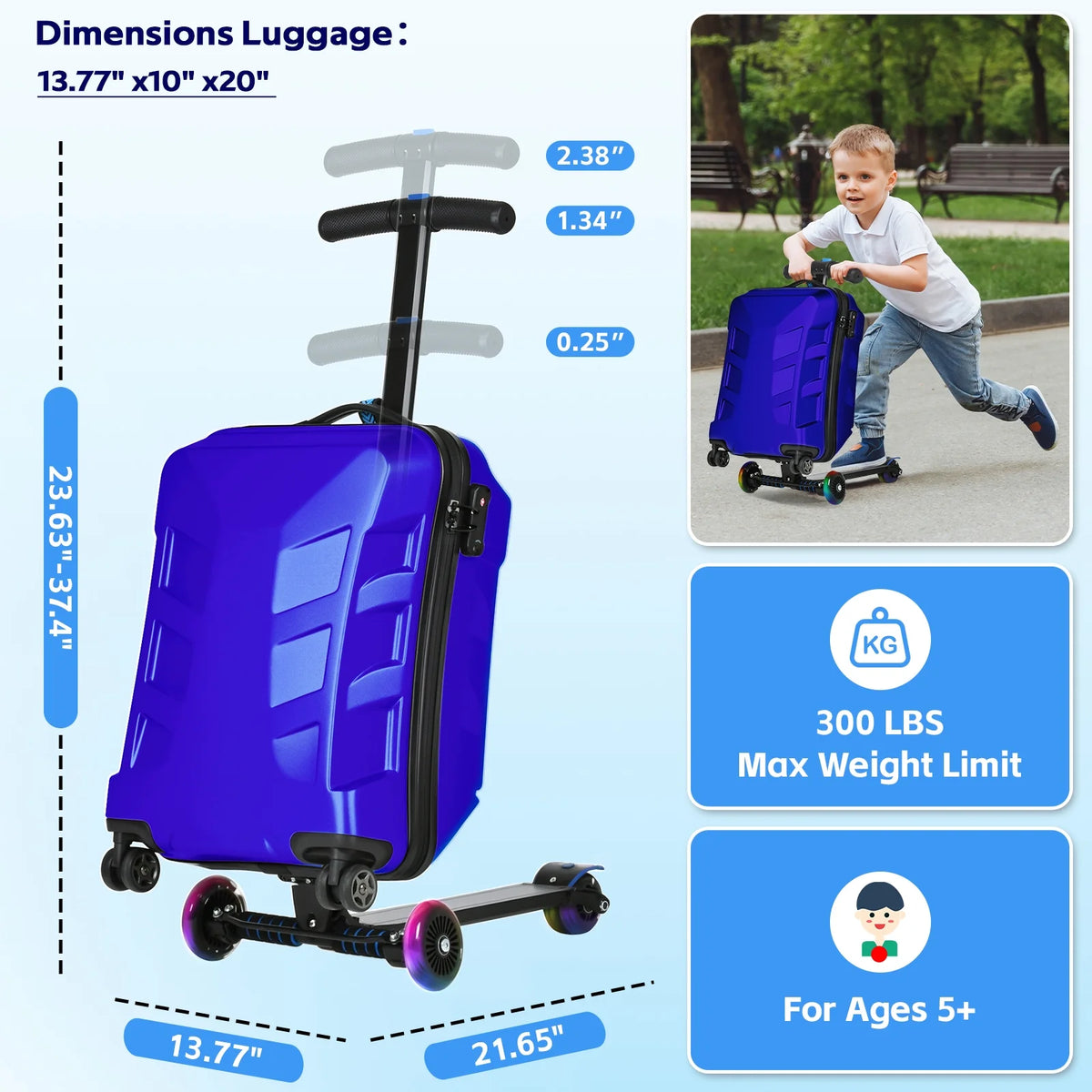 Advwin Scooter Suitcase for Kids & Adults, 3-D Hardshell Ride On Scooter Luggage with LED Light Up Wheels, TSA Lock, Lightweight Foldable Carry On Rideable Suitcase for Children Teenagers, Silver