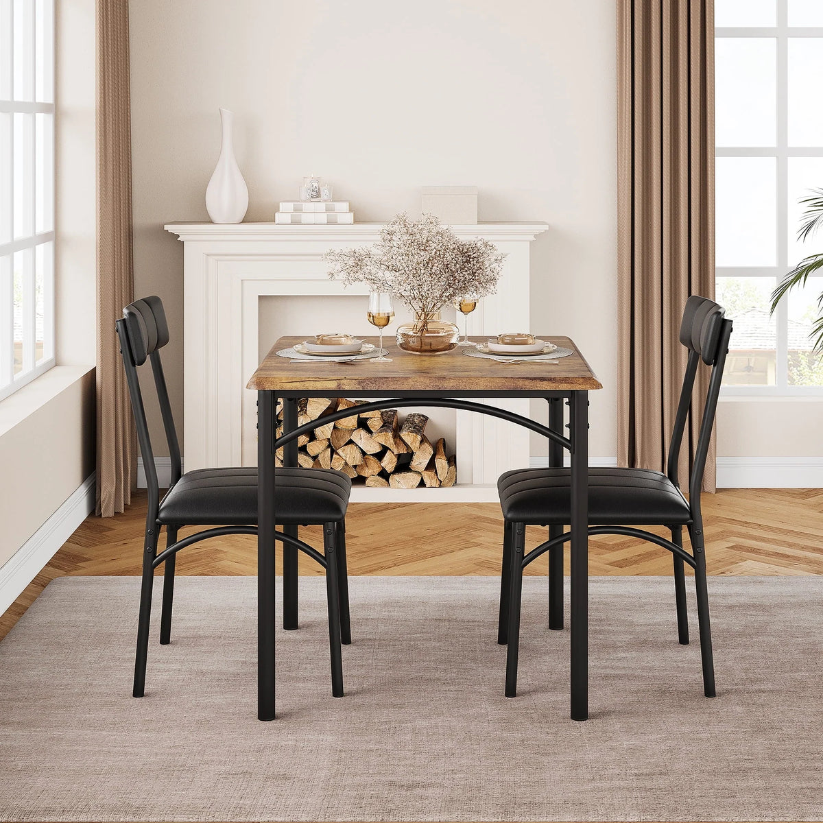 Yesfashion 3 Piece Dining Table Set, Kitchen Table and Chairs for 2, Metal and Wood Square Dining Room Table Set with 2 Upholstered Chairs