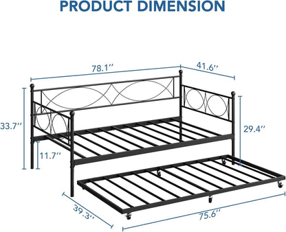 Senfot Twin Daybed with Trundle, Pull Out Trundle Day Bed, Twin Mattress Foundation with Metal Slats, Modern Sofa Bed for Living Room, Bedroom, and Guest Room, Black
